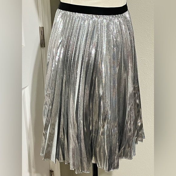 Diane Von Furstenberg Dresses & Skirts - NWT DVF Pleated Metallic Silver Skirt Black Stretch Waistband